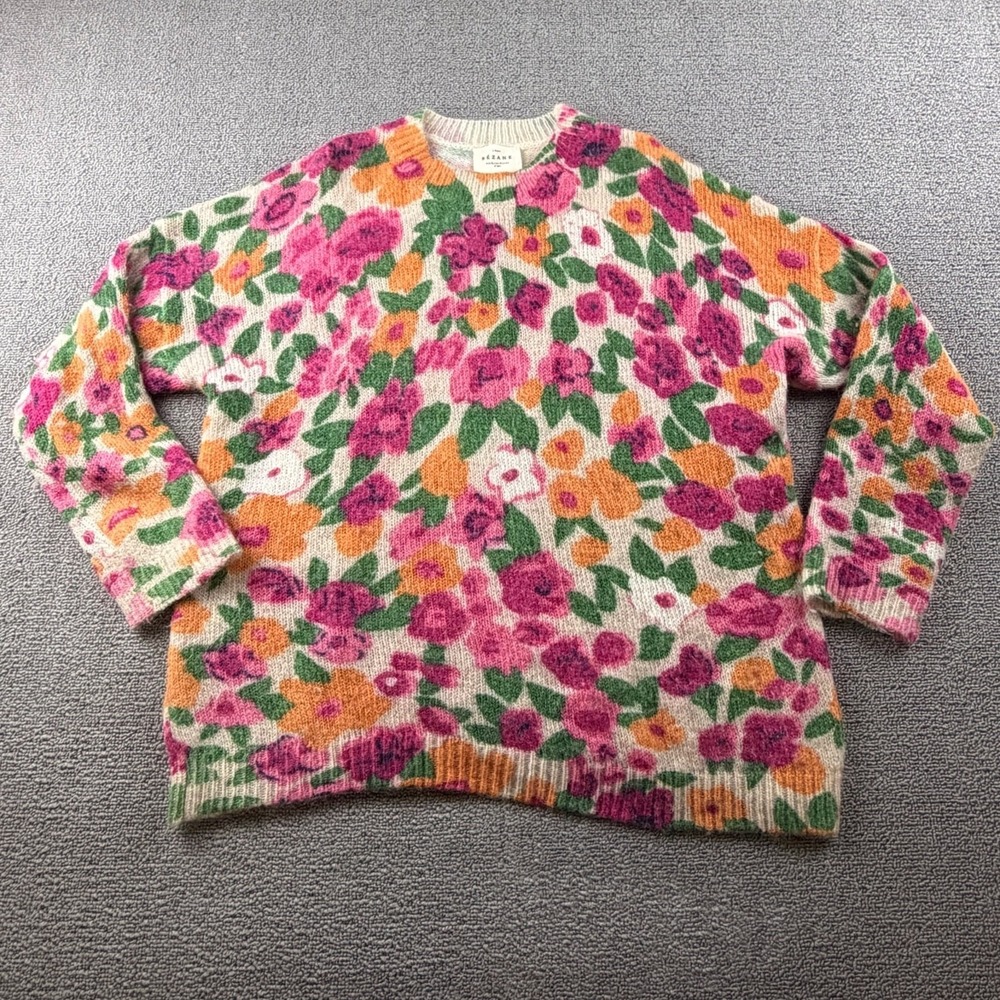 Sezane Sweater Women L Multi Color Fleur Jumper Wool Mohair Floral Cottagecore